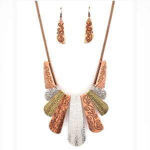 NWT. Paparazzi Multicolored Necklace & earrings set. Copper, silver & brass tone
